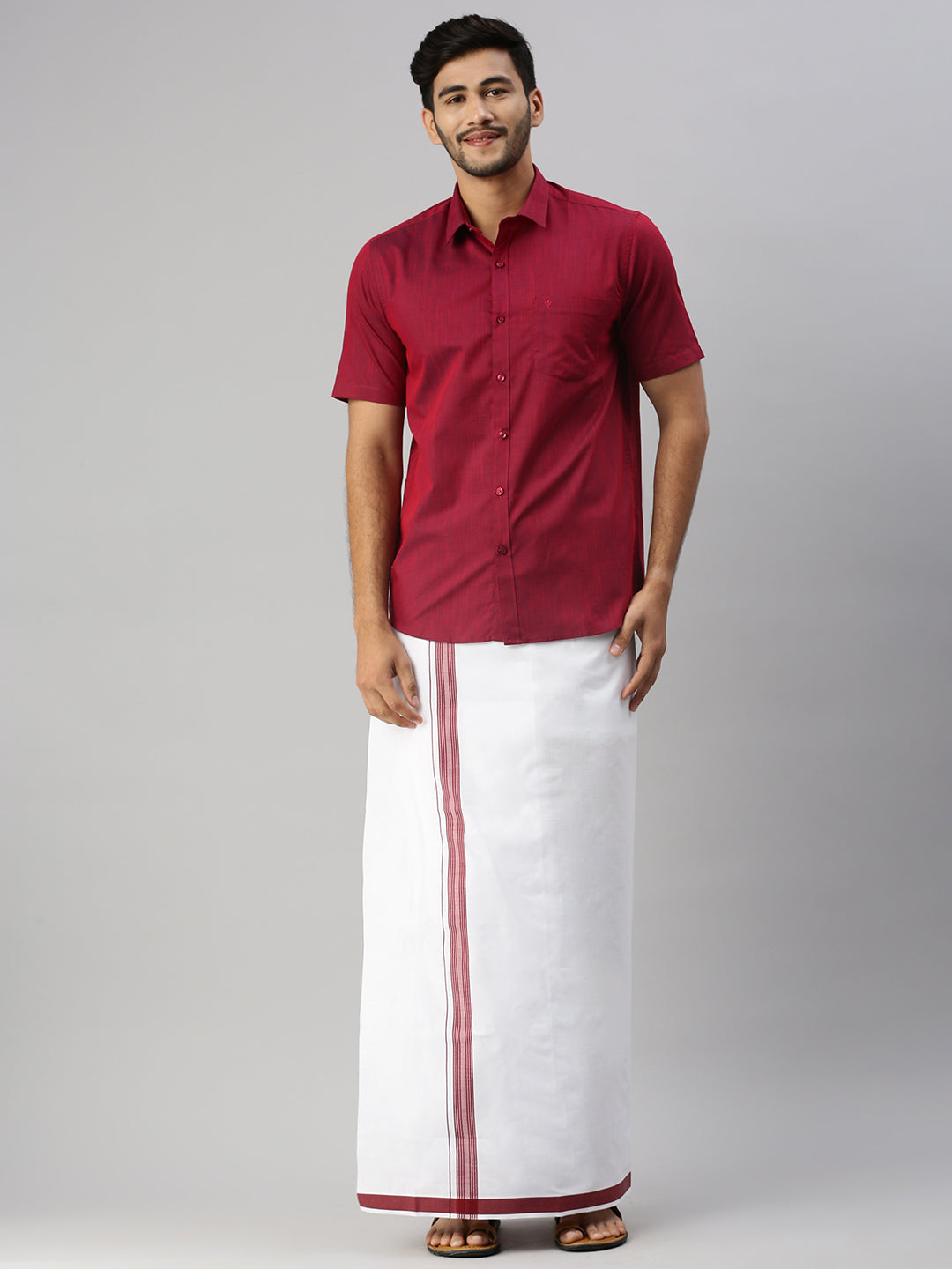 Mens Purple Matching Border Dhoti & Half Sleeves Shirt Set Evolution IC6