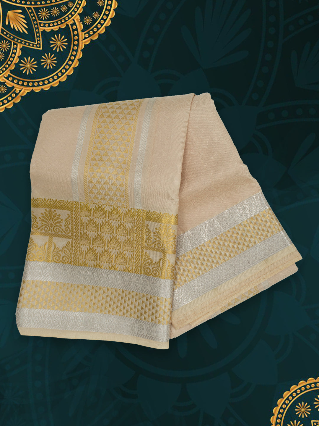 Men Pure Silk Light Peach Dhoti & Towel Set with 4" inch Fancy Jari Border TKC10