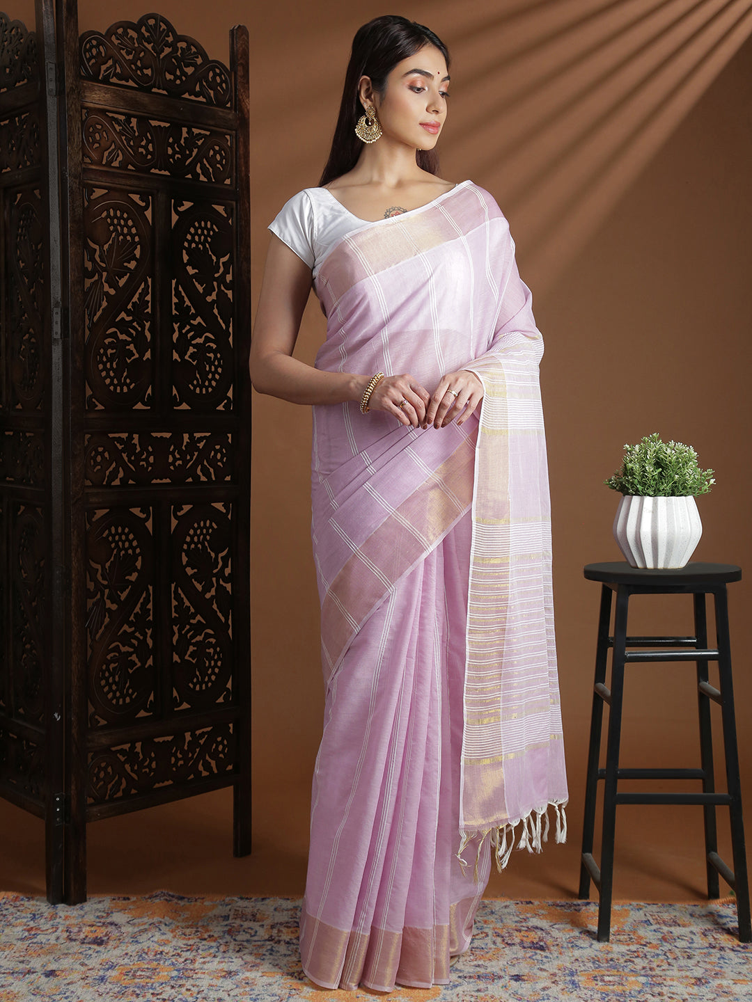 Women Lavender Striped Cotton Jute Saree CJ11