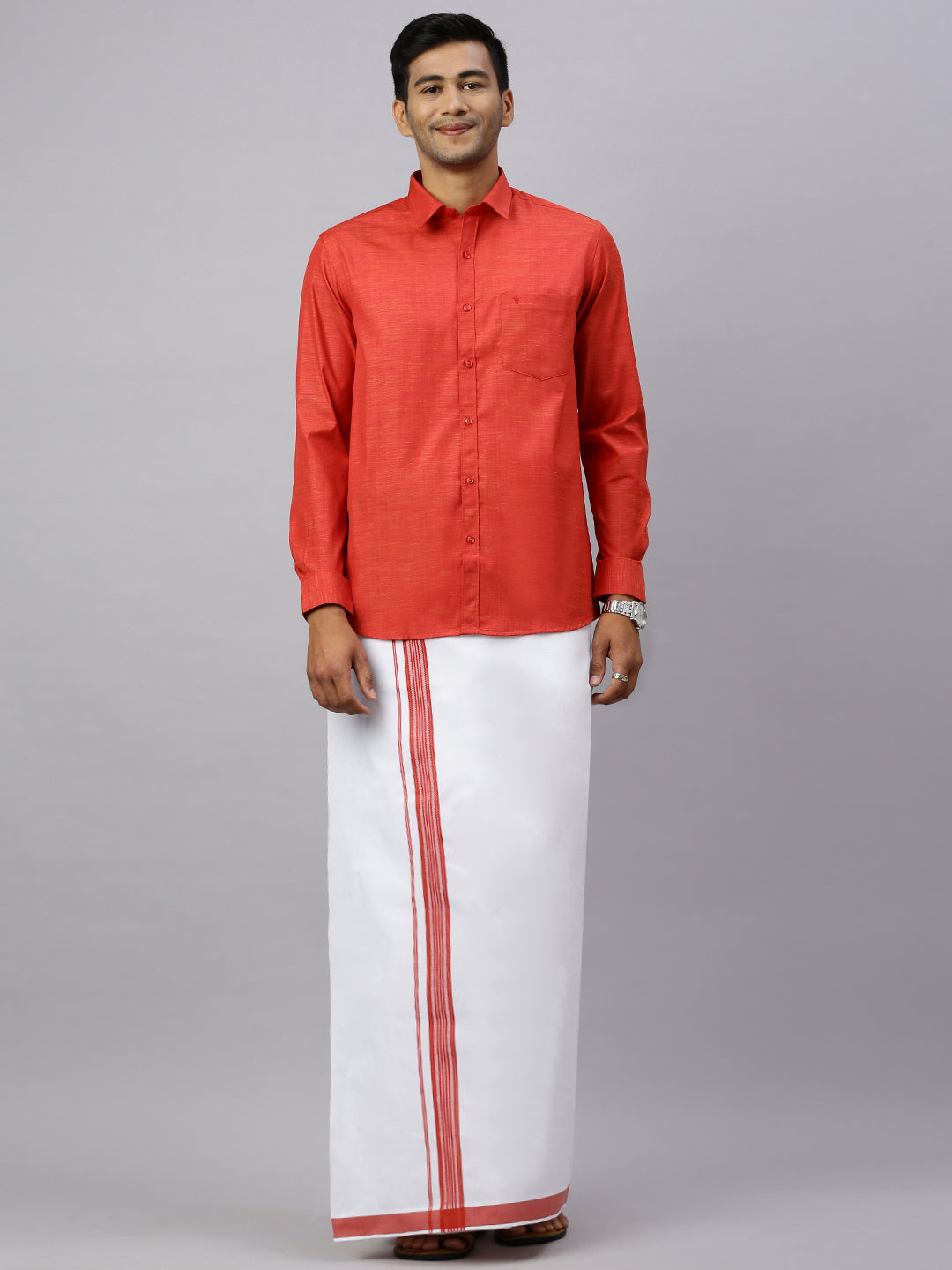 Men Evolution Bulgarian Red Matching Border Dhoti & Full Sleeves Shirt Set
