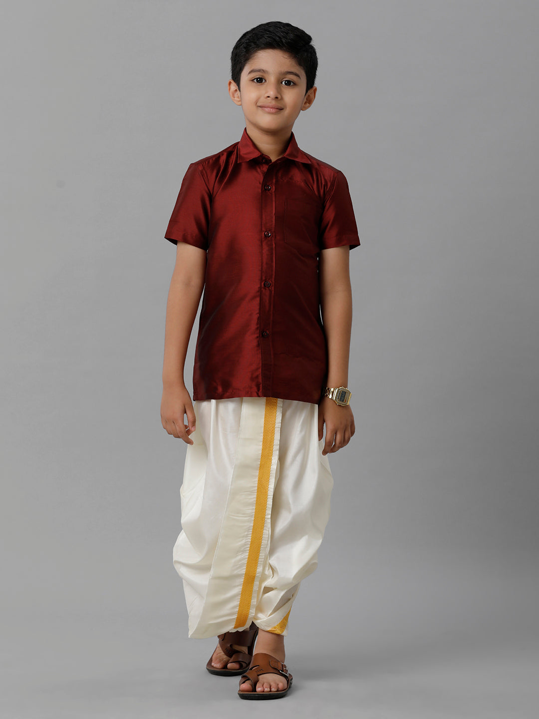 Boys Silk Cotton Maroon Half Sleeves Shirt with Soft Silk Panchakacham Combo K7-Front view
