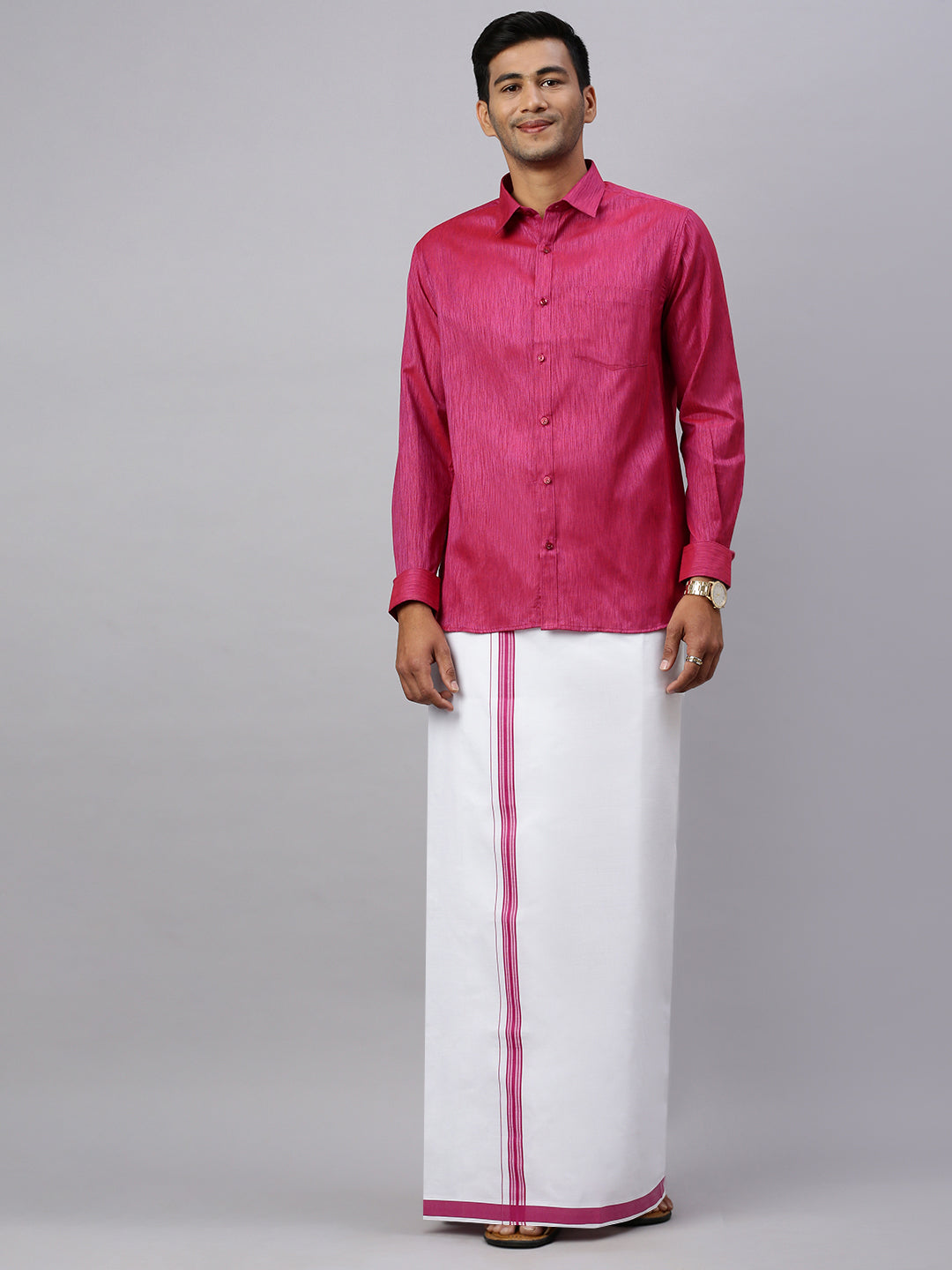 Mens Magenta Matching Border Dhoti & Full Sleeves Shirt Set CV2