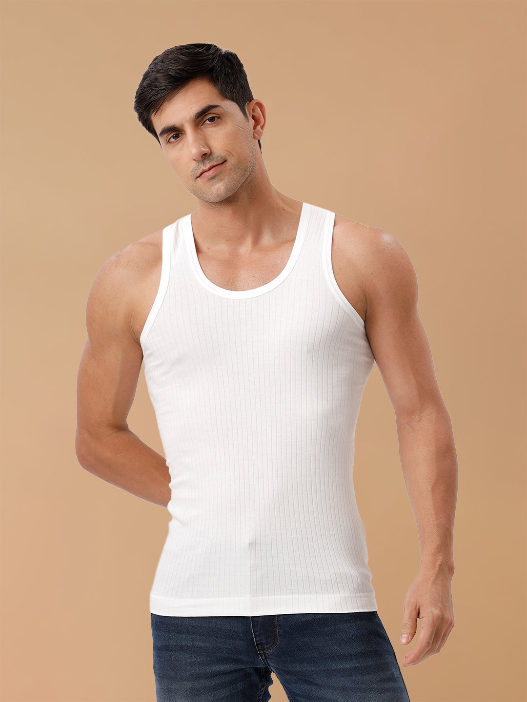 100% Combed Cotton White Striped Vest RN Gaurav (Pack of 2)