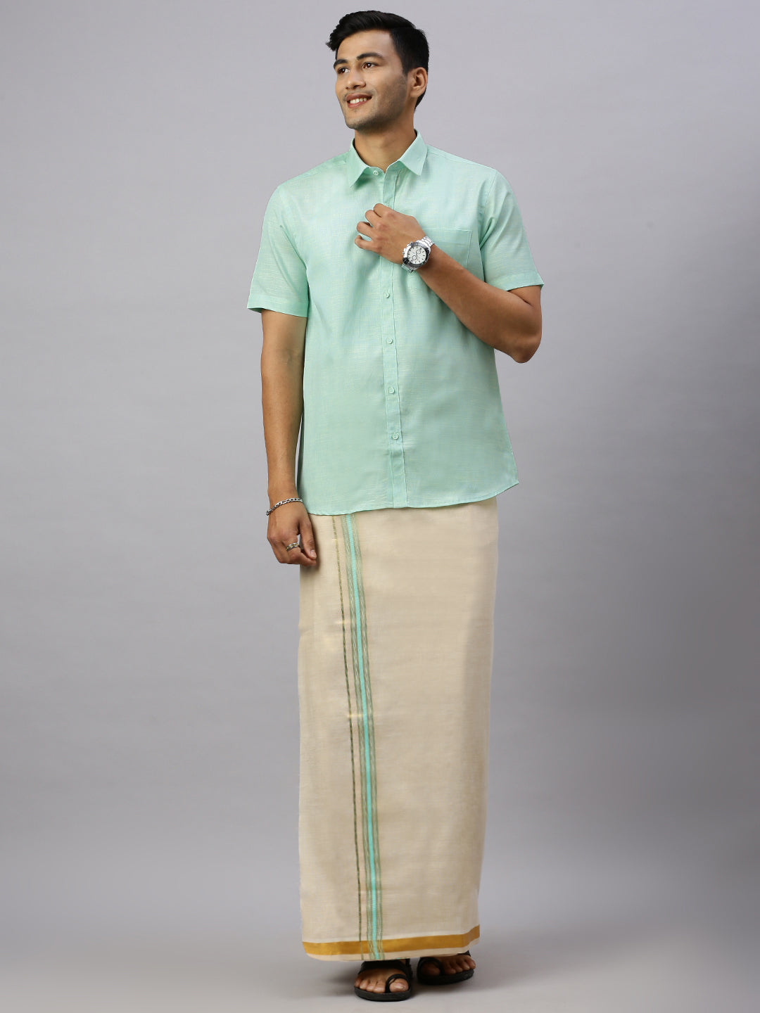 Mens Macho Mint Green Matching Border Dhoti  With Full & Half Sleeves Shirt Set CCB