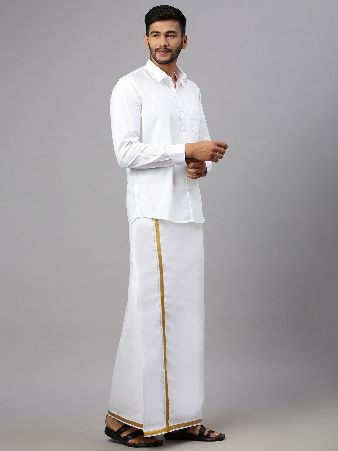 Men Cotton Blend Readymade Single Layer White Dhoti with Gold Jari Border