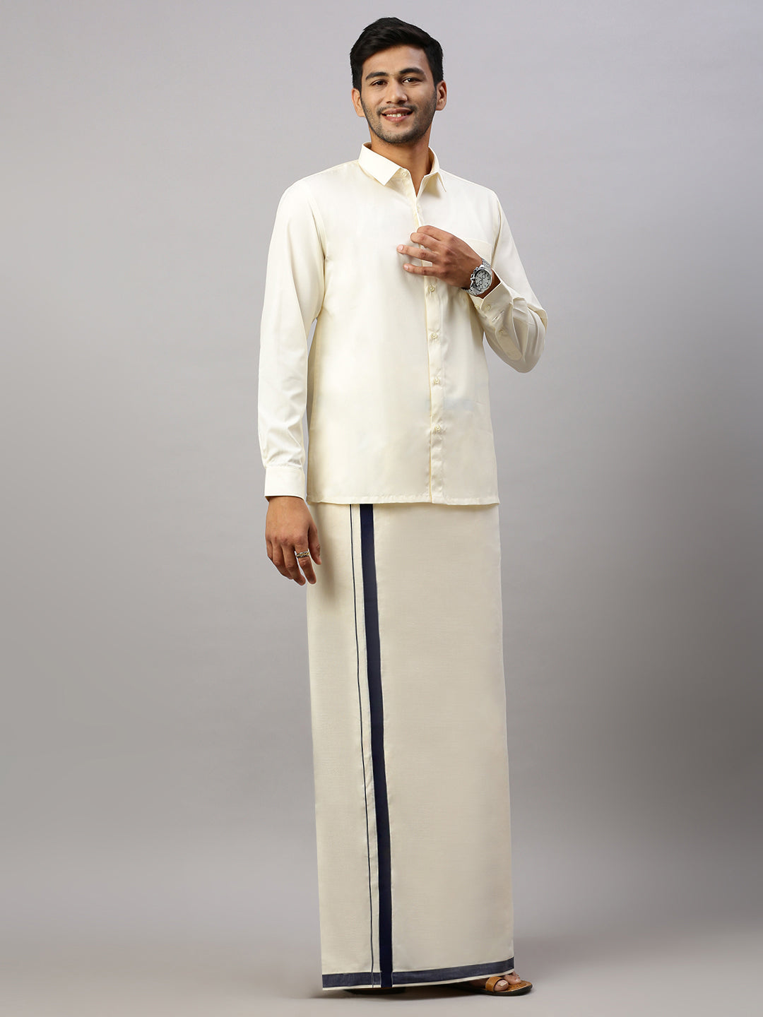 Men Kora Cotton Double Layer Dhoti with Navy Fancy Border LS03