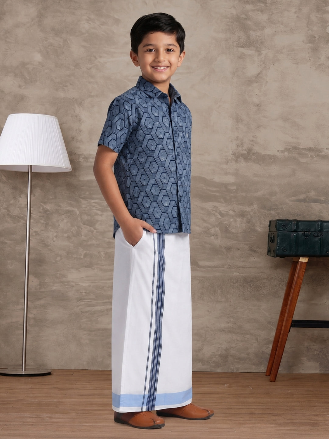 Boys Navy Blue Matching Border Dhoti With Printed Shirt Set Fusion PS25