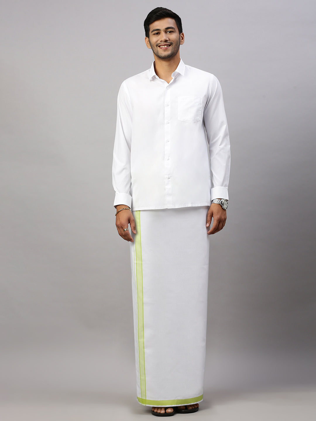 Men Cotton Blend Single Layer White Dhoti with Fancy Border WP20