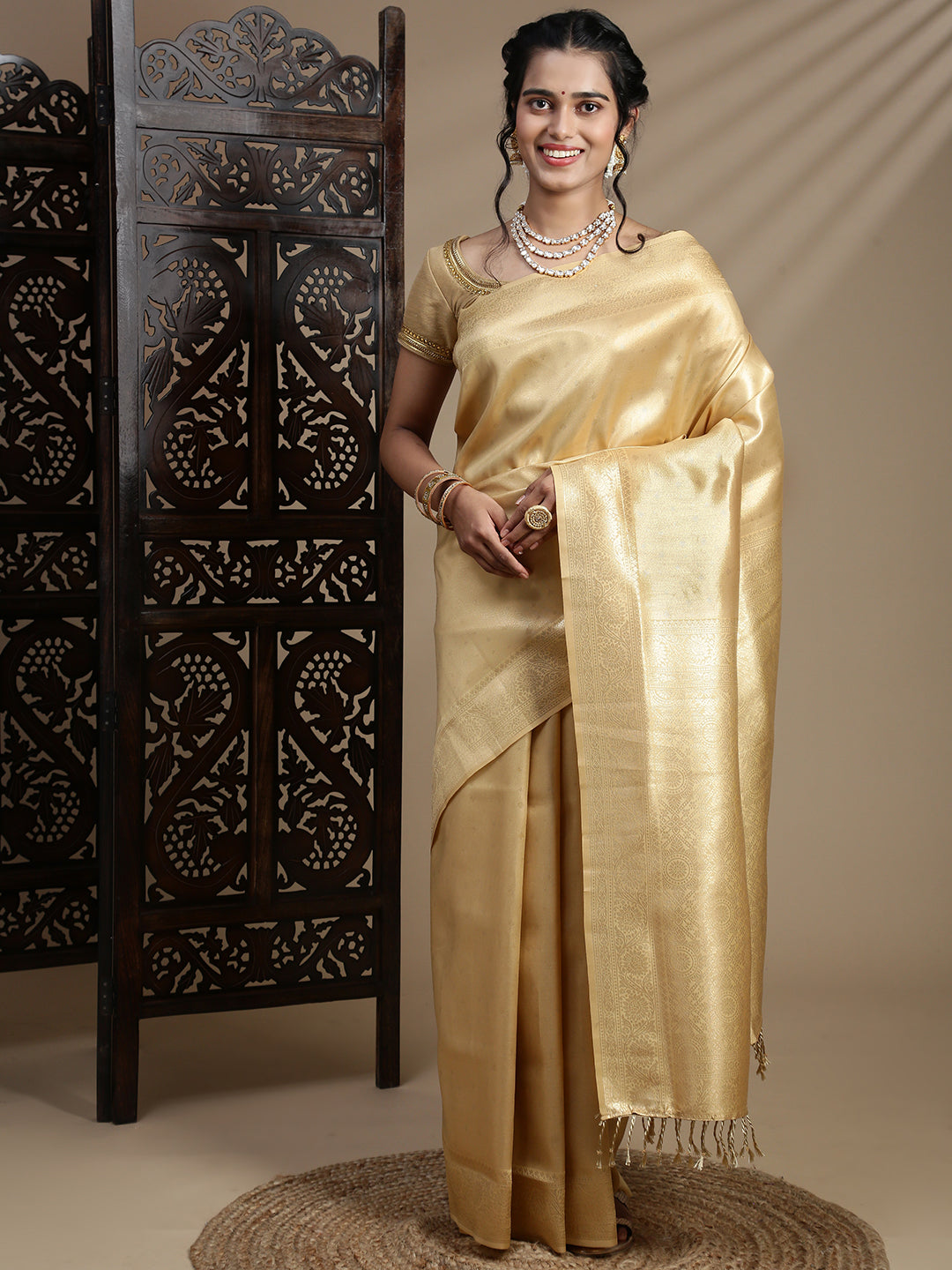 Women Golden Plain Art Silk Saree ASS108