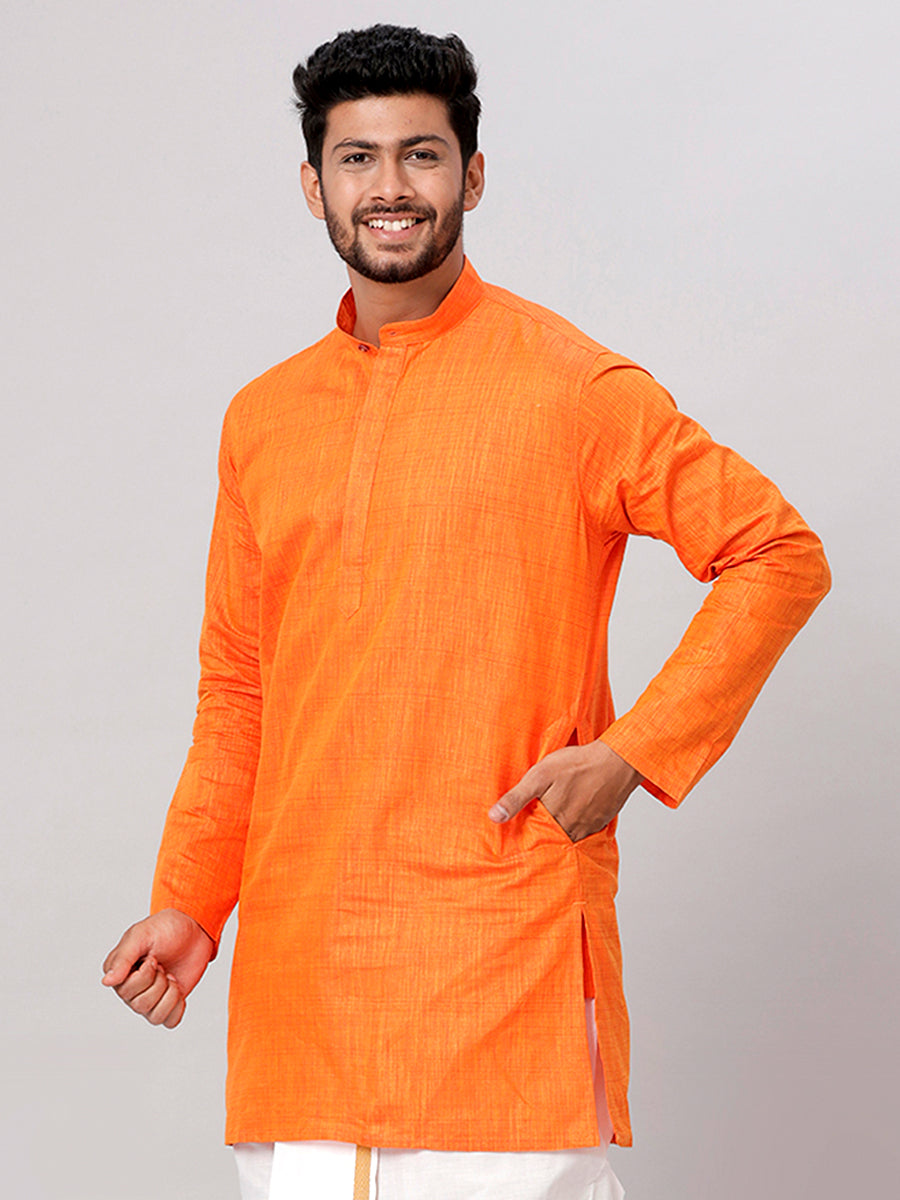 Mens Cotton Full Sleeves Orange Medium Length Pocket Kurta FS3-Front view