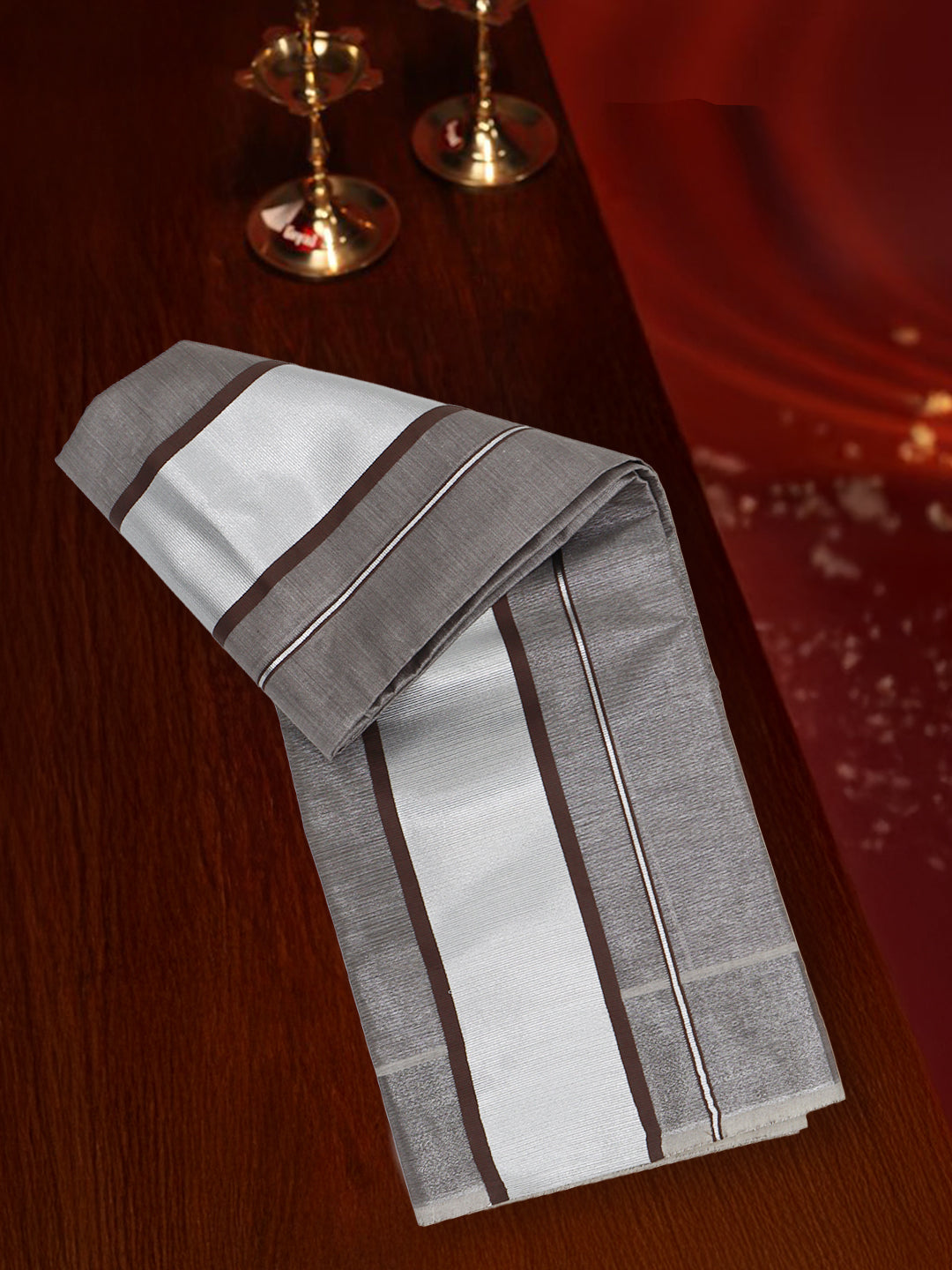 Men Tissue Silver Jari Border Panchakacham with Angavasthram Set (9+5) Gangotri GGC02