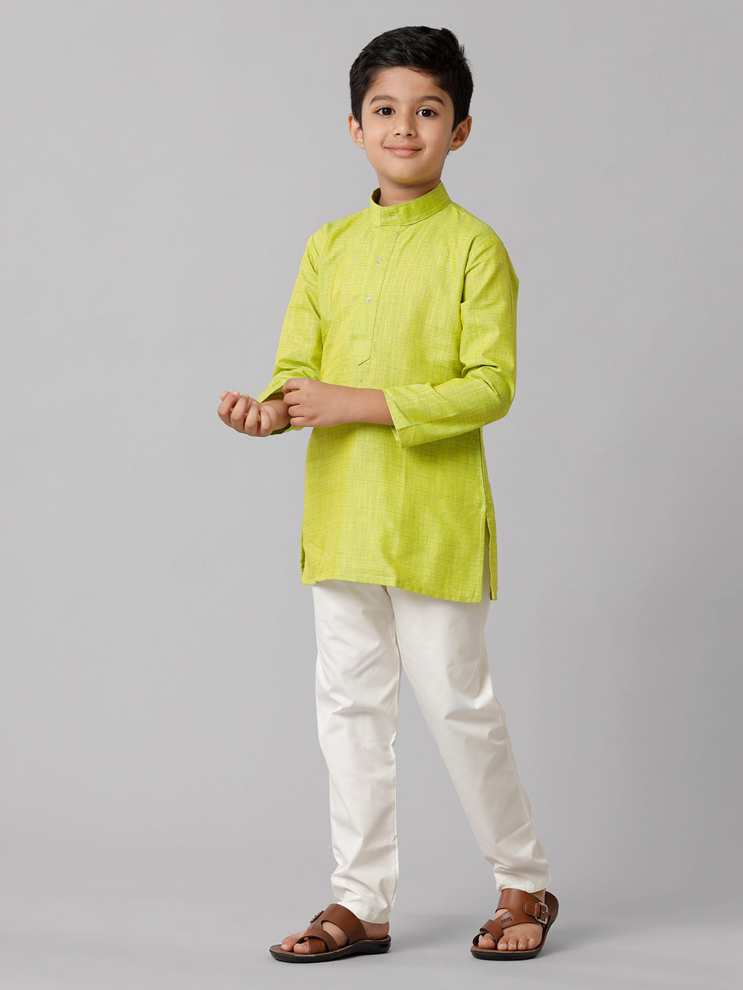 Boys Cotton Full Sleeves Parrot Green Kurta with Cream Pyjama Pant Combo FS2-Front alternative view