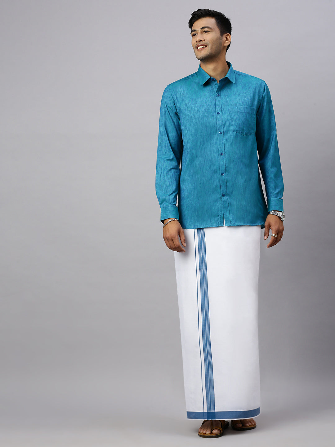 Men Peacock Blue Matching Border Dhoti & Full Sleeves Shirt Set CV6