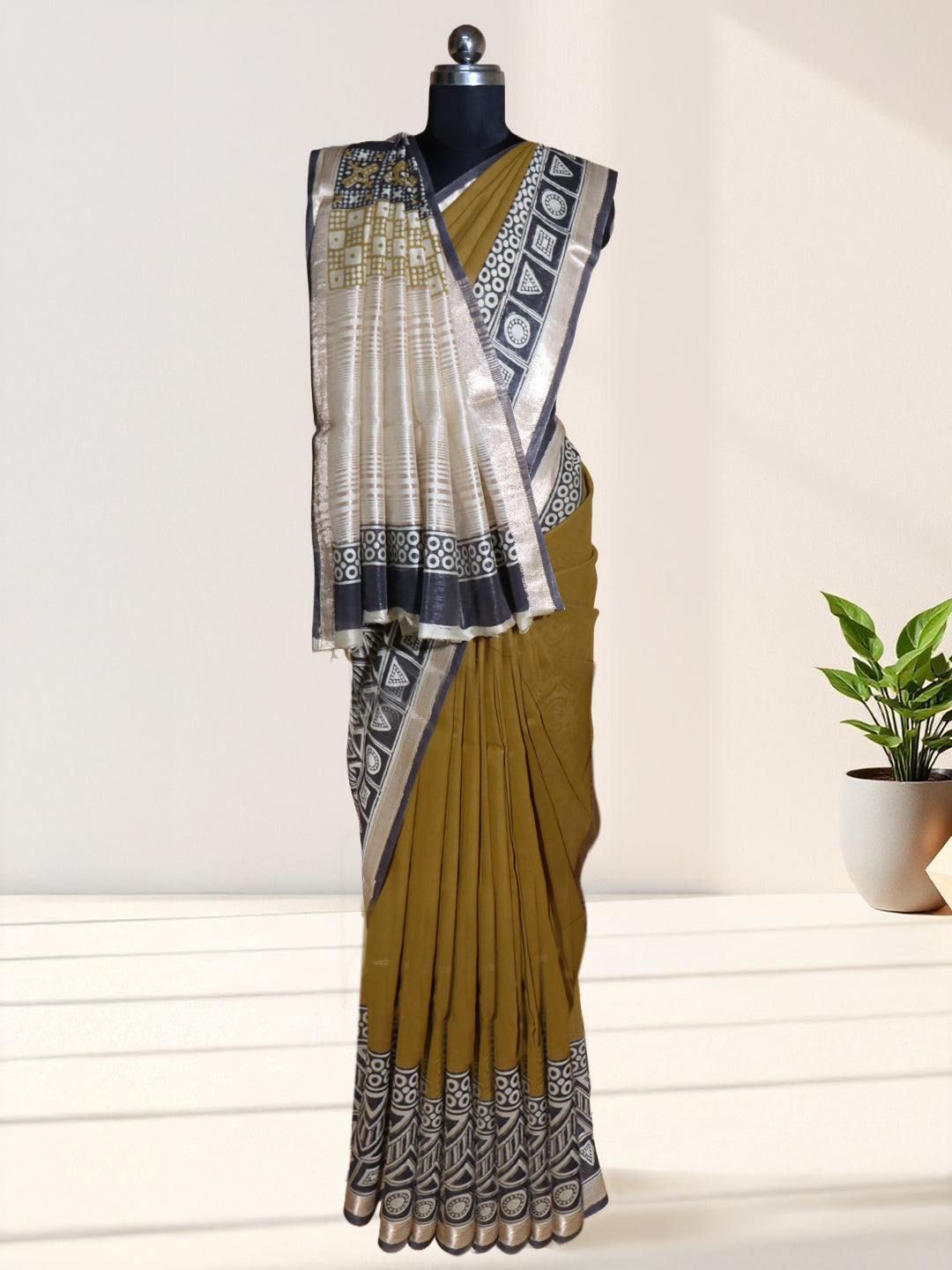 Women Mustard Green Semi Chanderi Cotton Printed Saree SC81