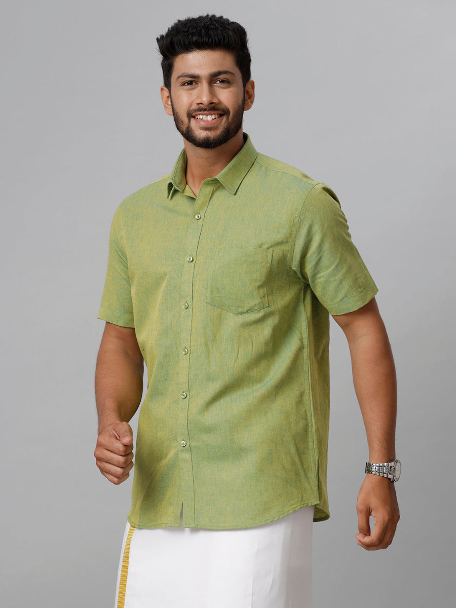 Mens Linen Cotton Formal Yellowish Green Half Sleeves Shirt LF9-Side view
