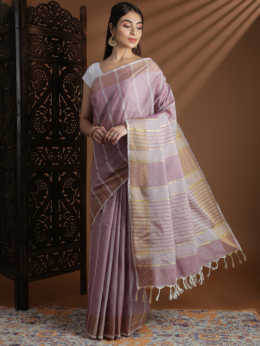 Women Purple Striped Cotton Jute Saree CJ10