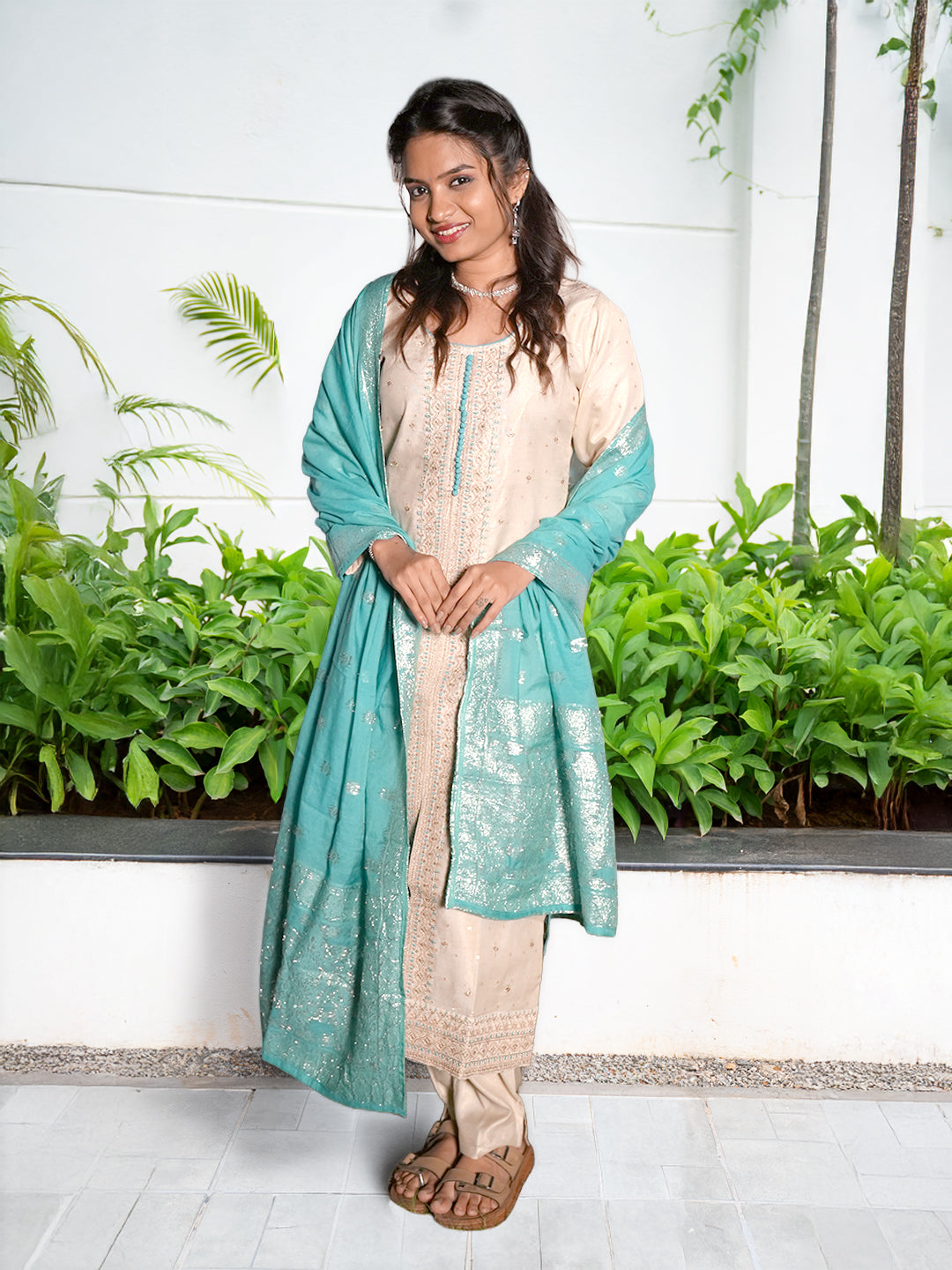 Women Cream with Blue MM Silk Embroidery Kurti Set EKS124