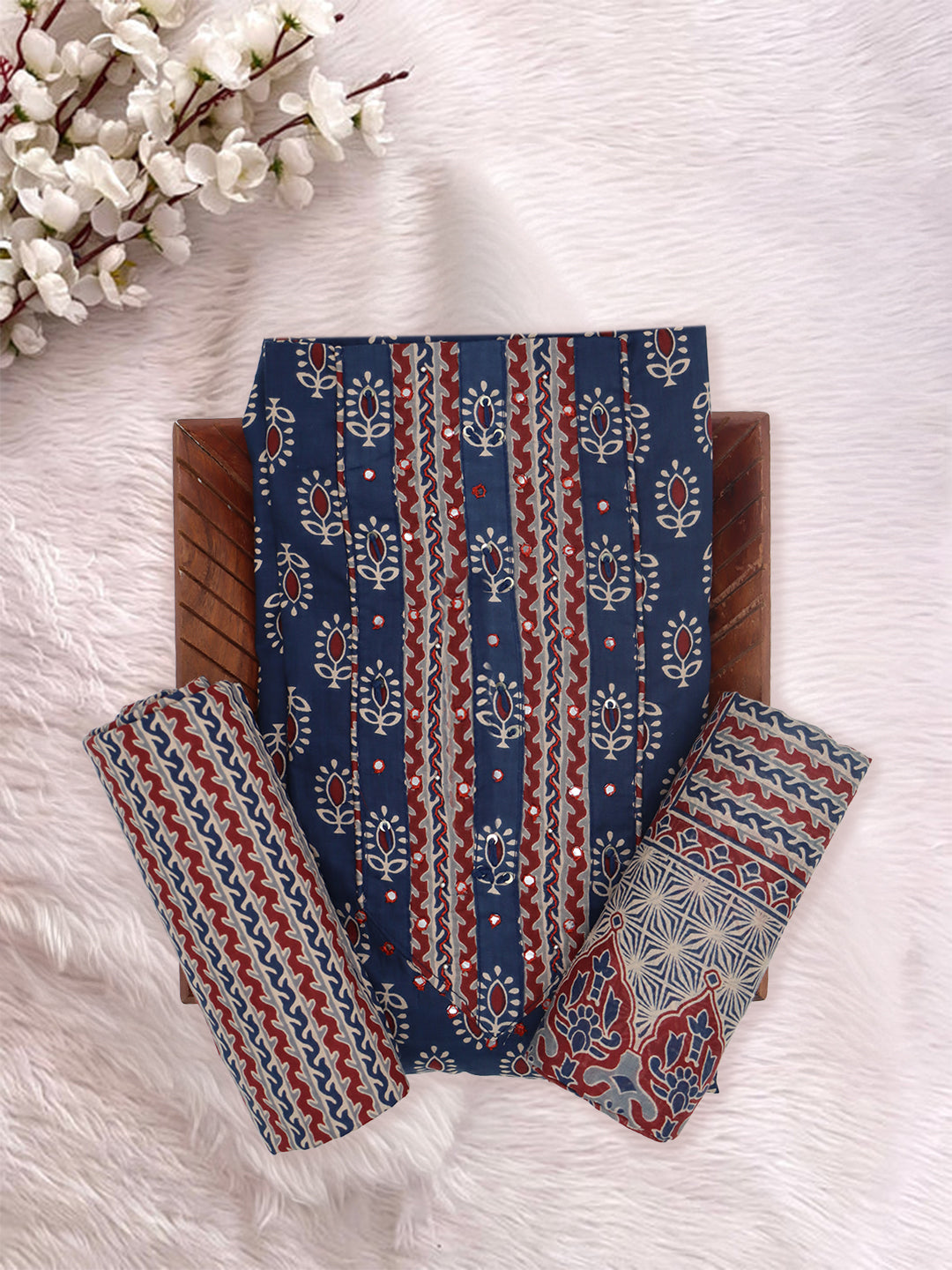 Women Pure Cotton Printed Dress Material Dark Blue DM351