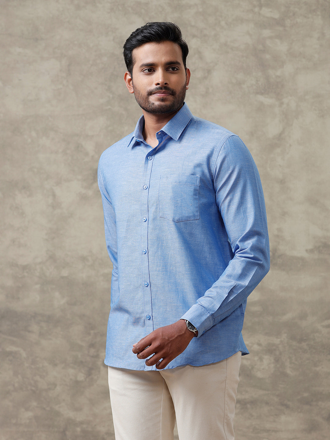 Men Linen Cotton Shirt Blue LF4