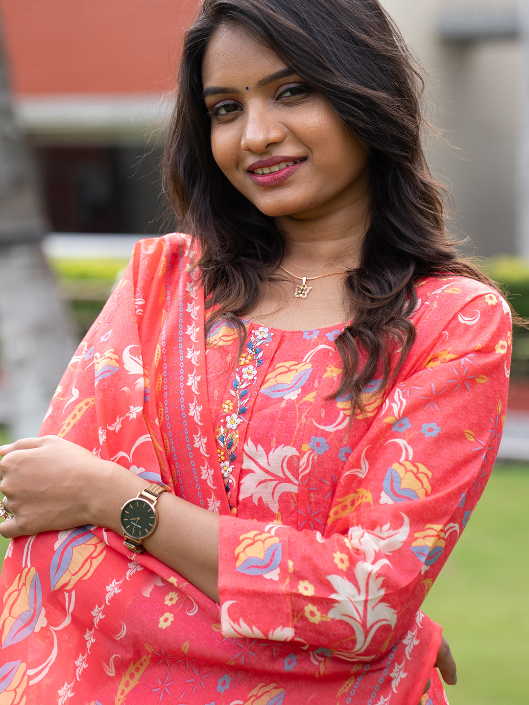 Women Coral Red MM Silk Printed Kurti Set EKS122