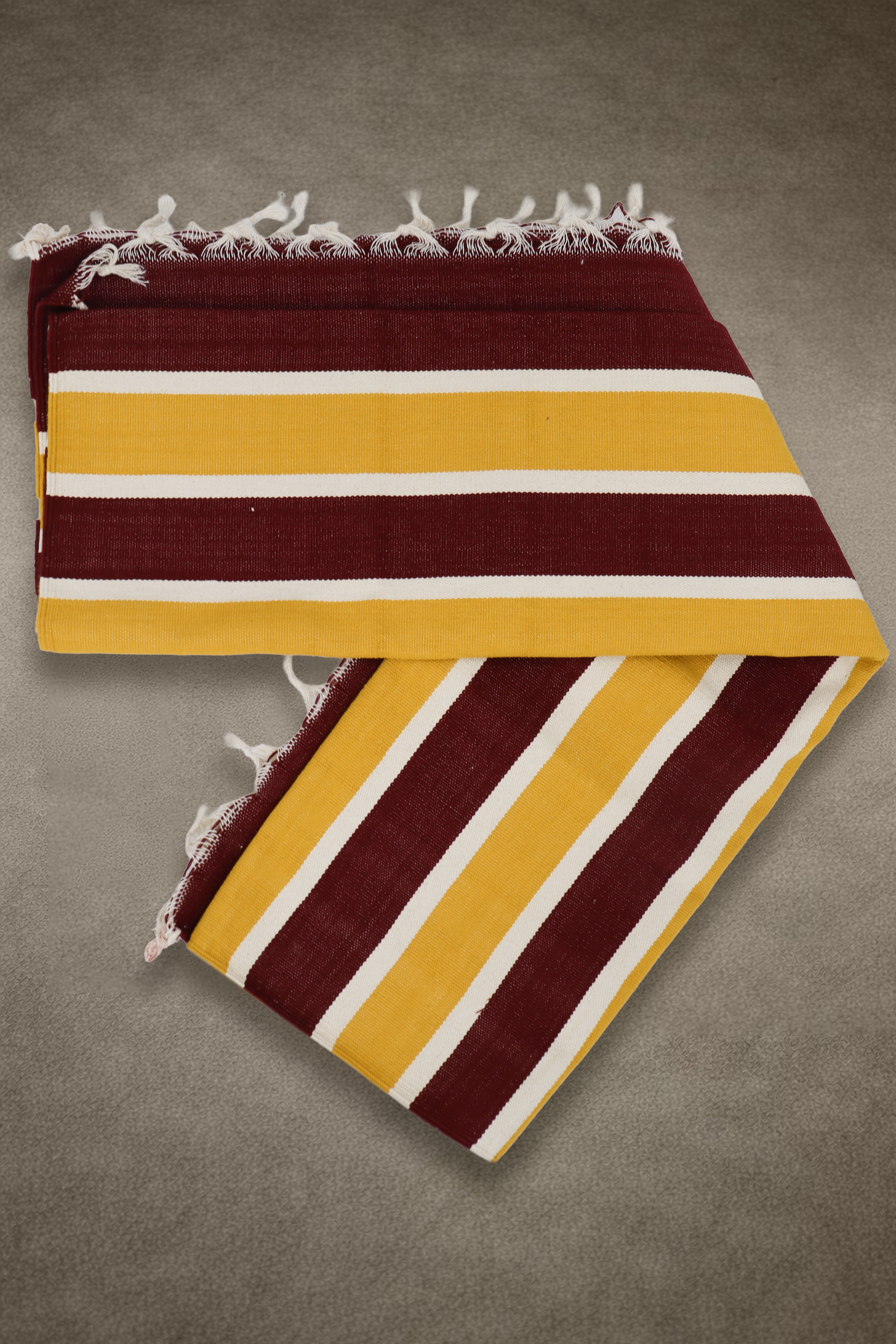 Bhavani Jamakkalam / Handwoven Cotton Carpet Maroon Base with White & Yellow Stripes (3.25 ft × 6.5 ft)