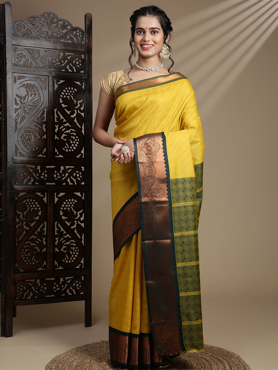 Women Yellow with Green Art Silk Saree ASS115