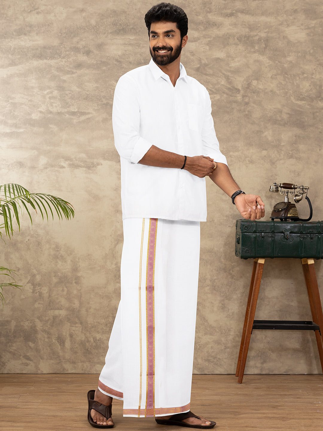 Men Cotton Blend Readymade Double Layer White Dhoti with Fancy Jari Border GGEA03