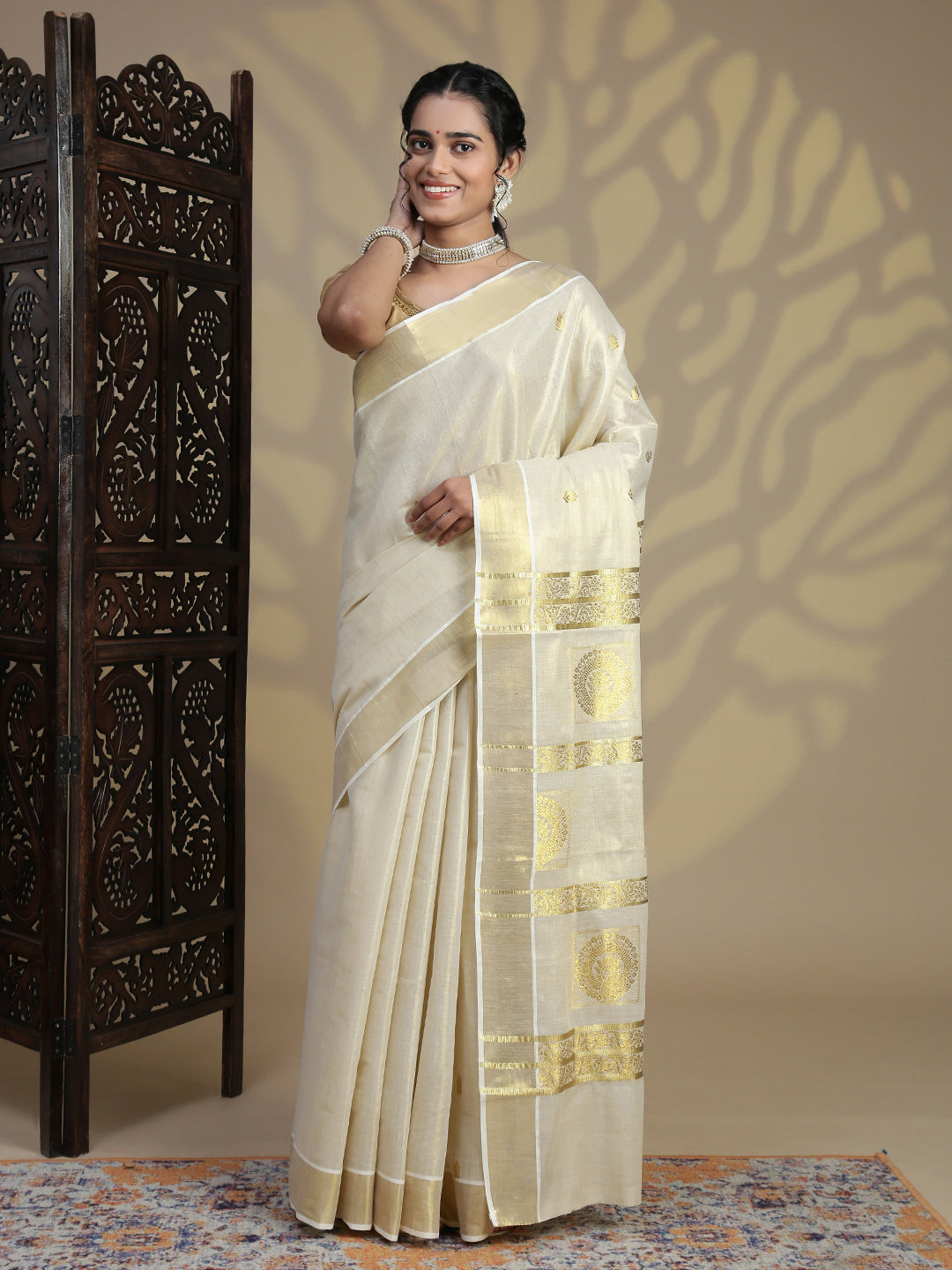 Women Traditional Kerala Tissue Gold Saree KS229