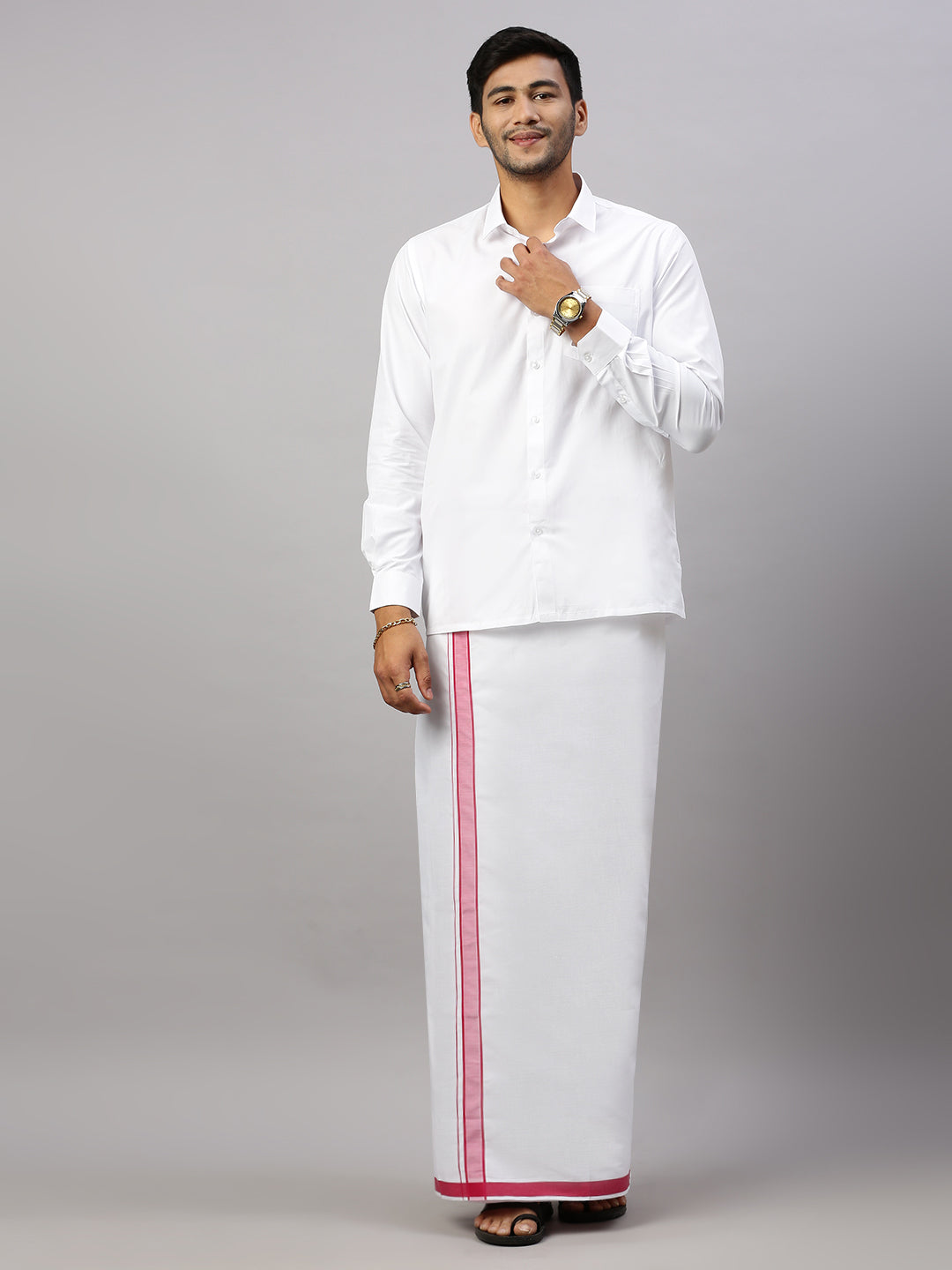 Men Single Layer Cotton Blend White Dhoti with Fancy Border Winner Plain WP19