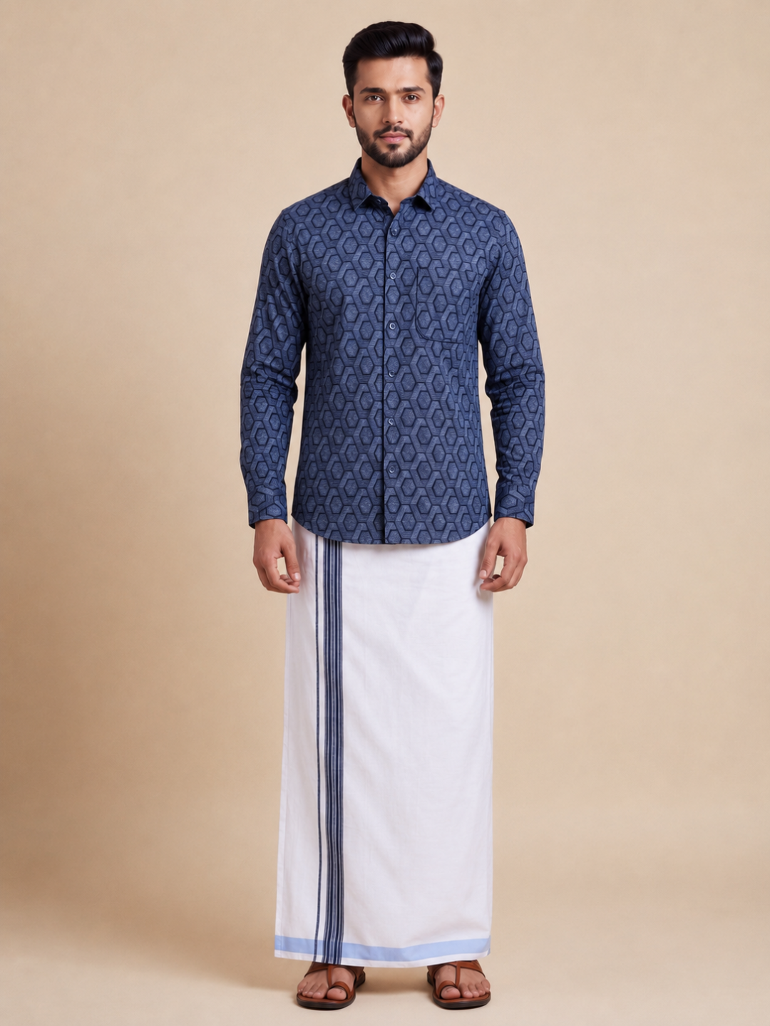 Men Navy Blue Matching Border Dhoti With Printed Shirt Set Fusion PS25