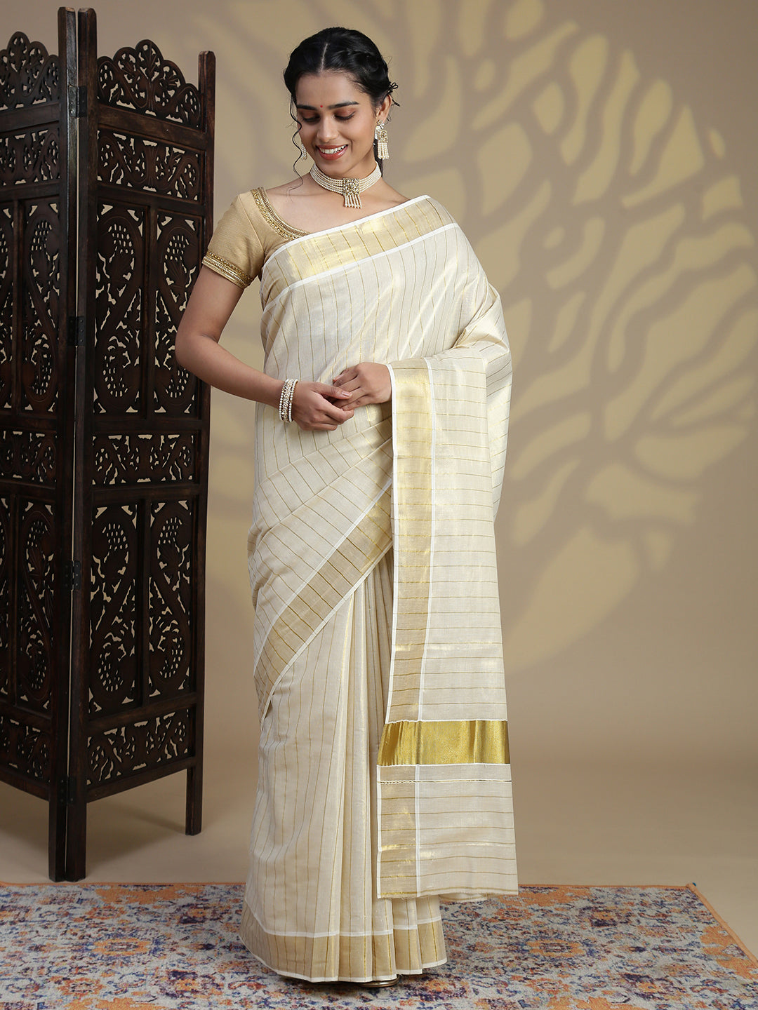 Women Kerala Tissue Gold Stripes Saree KS220