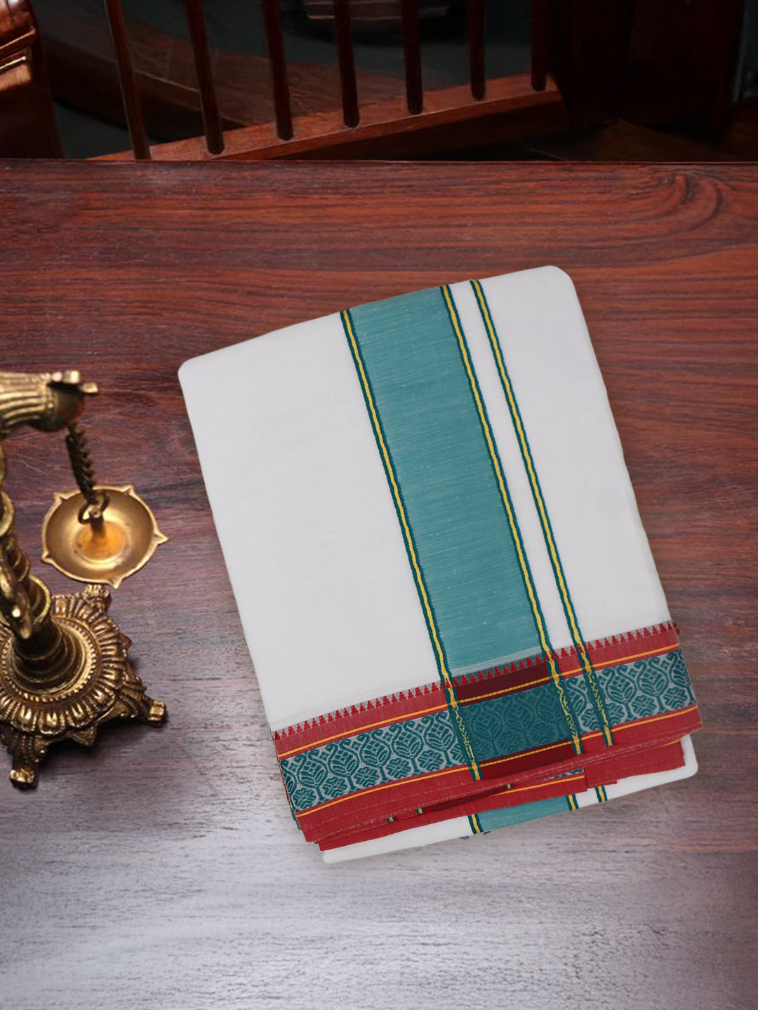 Men Cotton Pine Green Fancy Border Panchakacham with Angavasthram Keerthisena (9+5) KS06