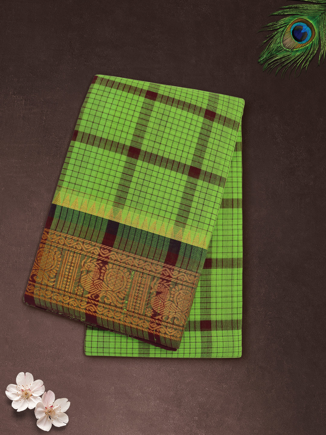 Women Green Checks Pure Chettinad Cotton Saree PCS230