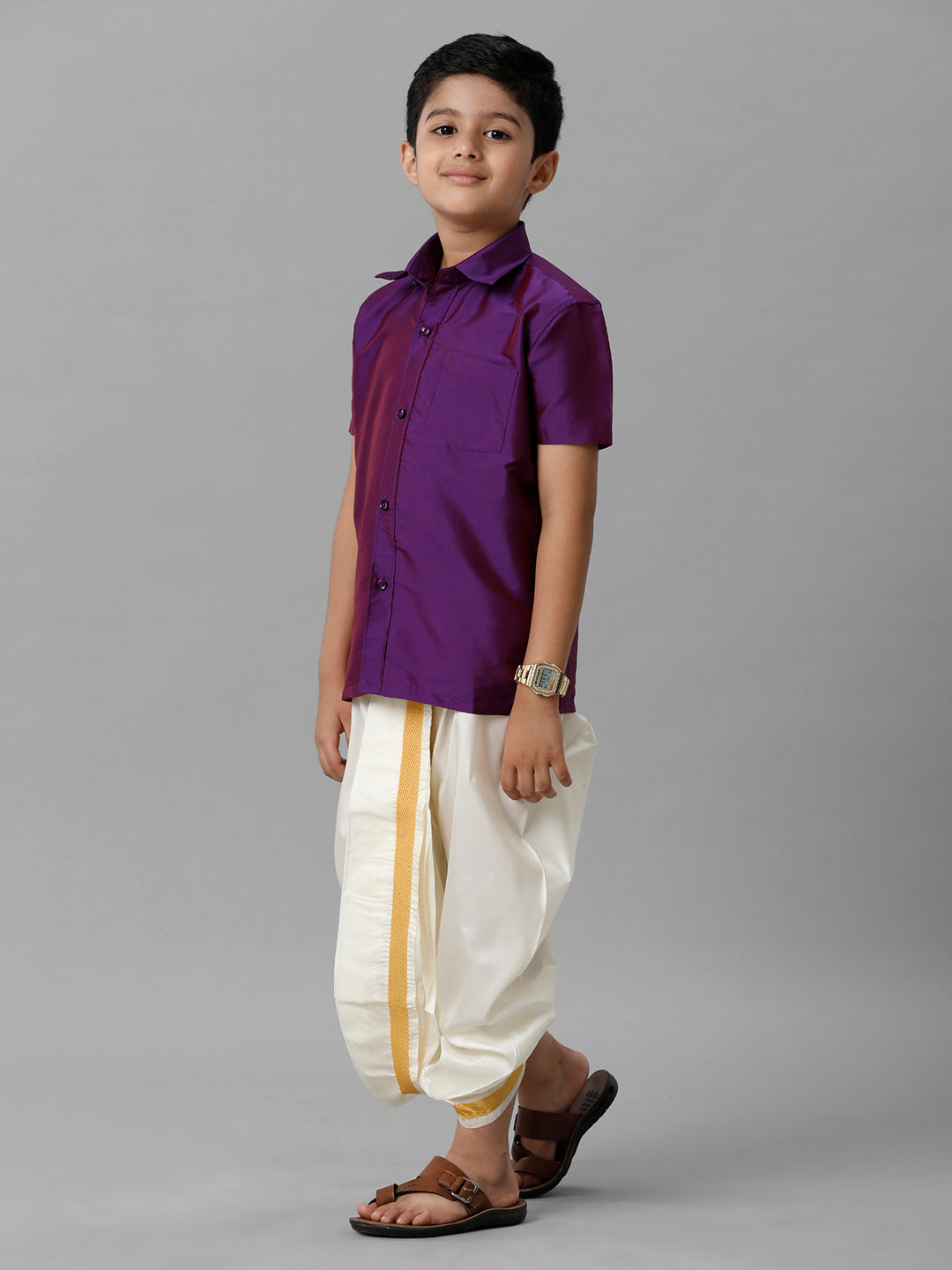 Boys Silk Cotton Violet Half Sleeves Shirt with Soft Silk Panchakacham Combo K21-Side  alternative view