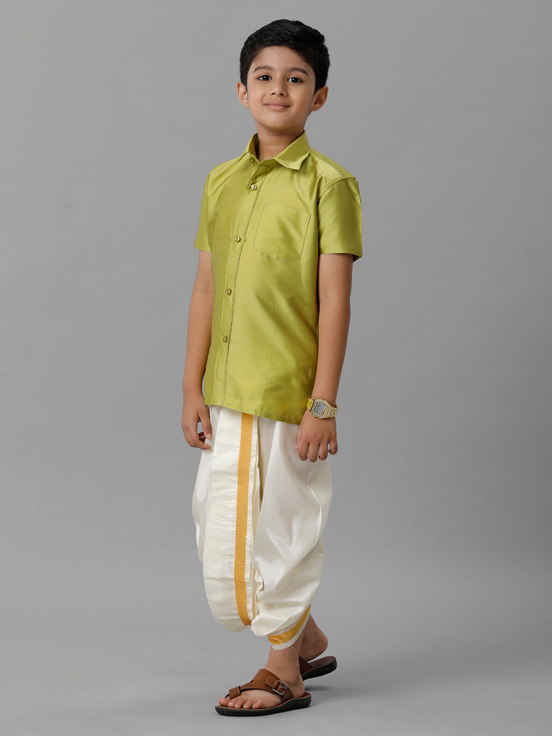 Boys Silk Cotton Lemon Green Half Sleeves Shirt with Soft Silk Panchakacham Combo K44-Front view