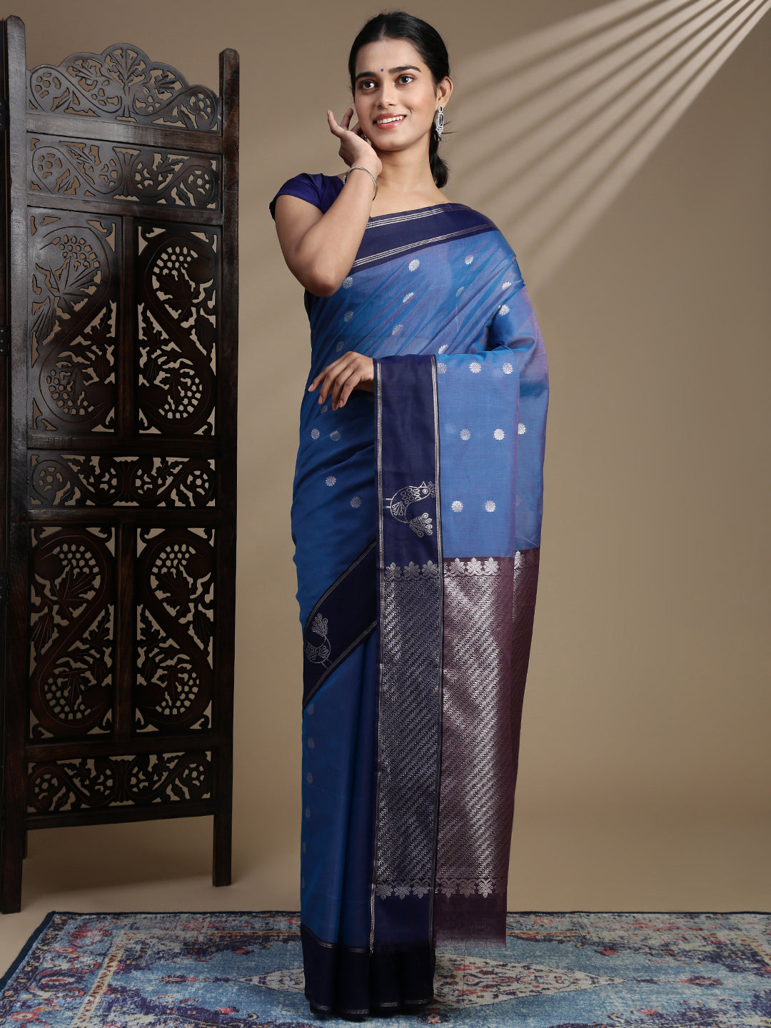 Women Blue Semi Kora Cotton Saree SK116