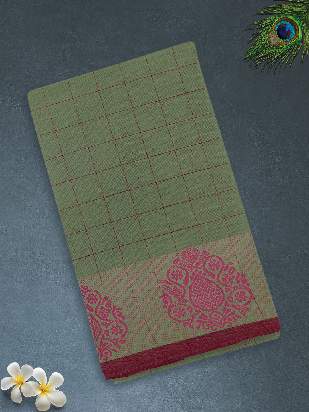 Women Olive Green Checks Pure Chettinad Cotton Saree PCS227