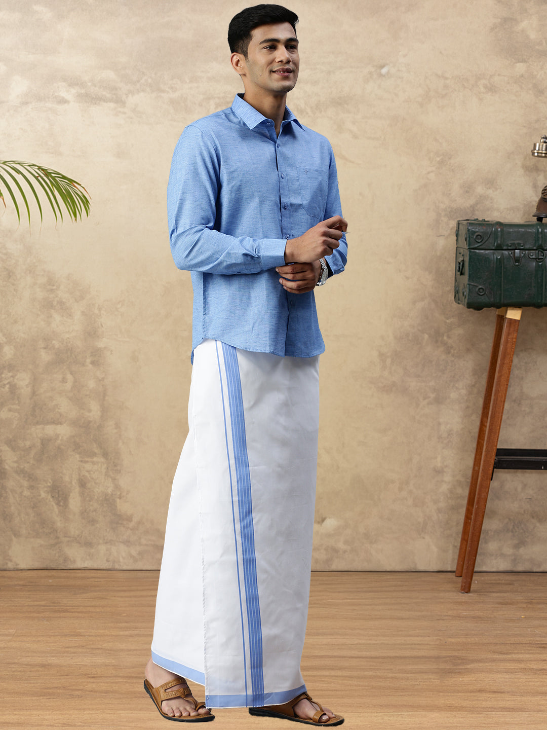 Mens Vetti Vaaram Matching Border Dhoti & Shirt Combo Blue