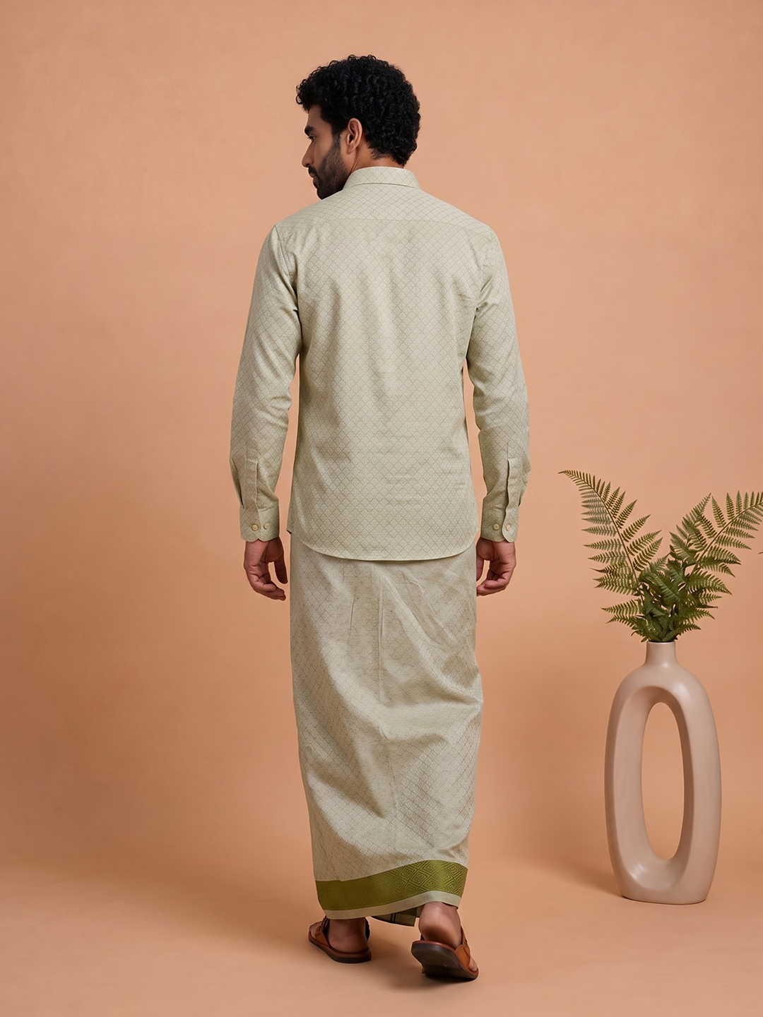 Tissue Moss Green Jacquard Shirt, Dhoti & Towel Set Set (3-in-1) | MGD13