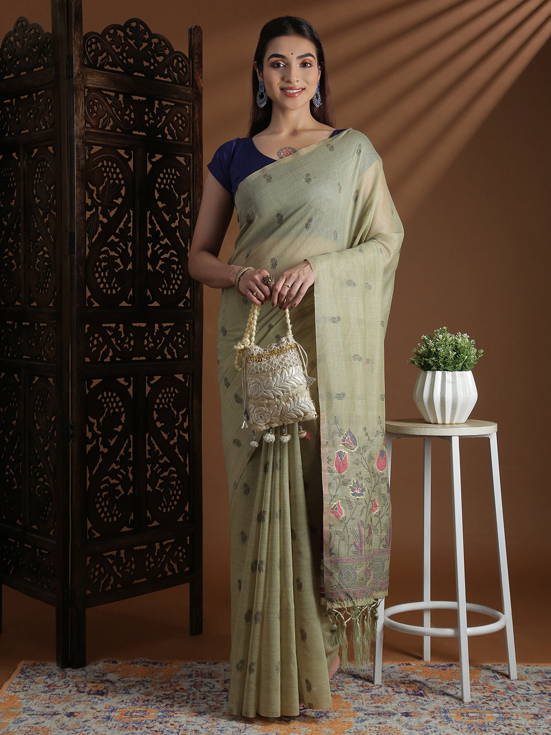 Women Sage Green Cotton Weaving Saree PCS255