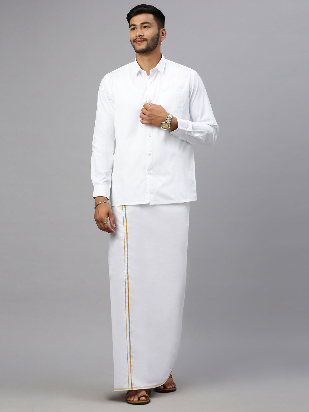 Men 100% Cotton Single Layer White Dhoti with Gold Jari Border Aruthra