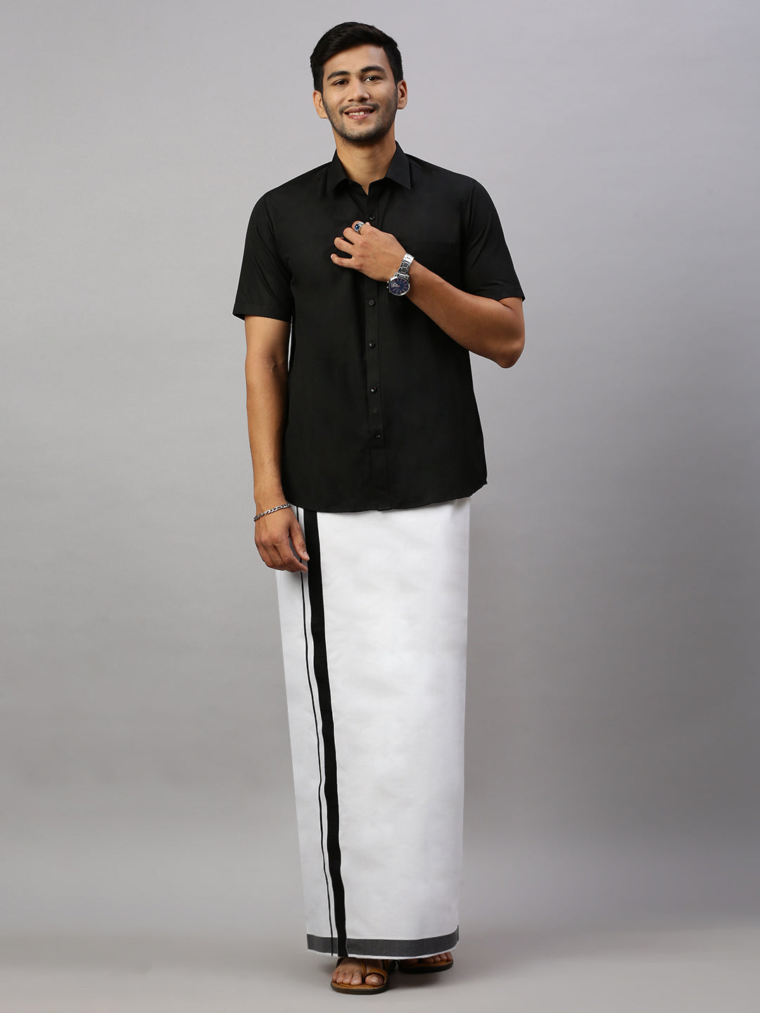 Men 100% Cotton Double Layer White Dhoti with Big Border AS06