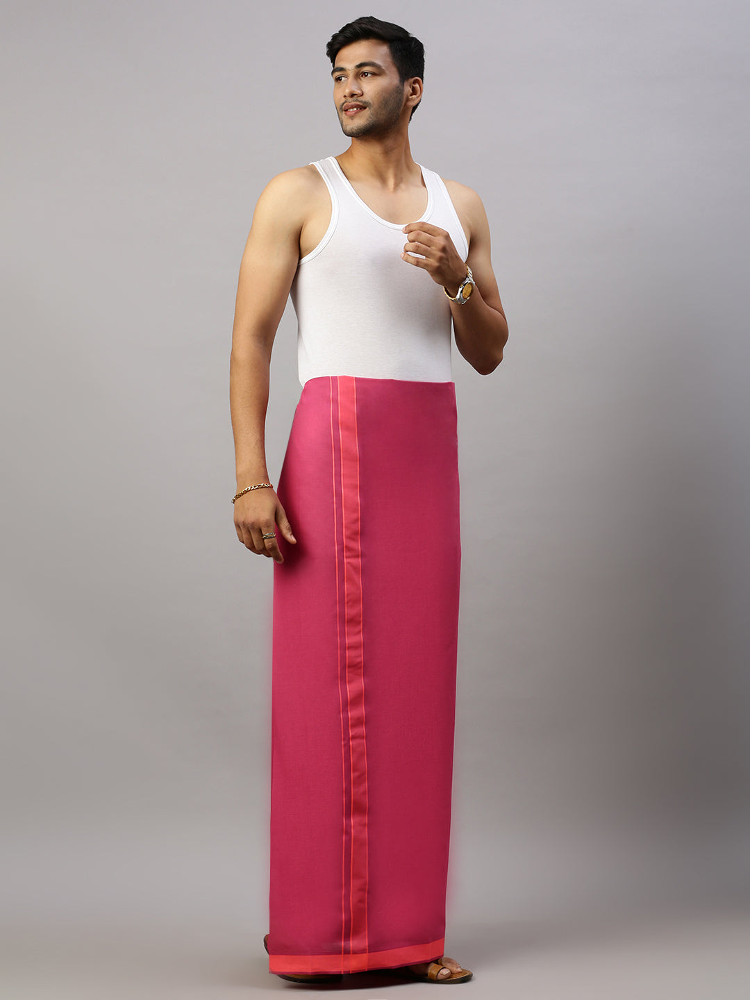 Men 100% Cotton Single Layer Magenta Dhoti with Assorted Border Ahimsa