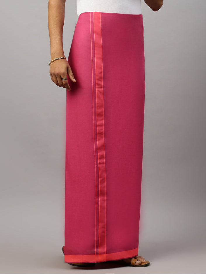 Men 100% Cotton Single Layer Magenta Dhoti with Assorted Border Ahimsa