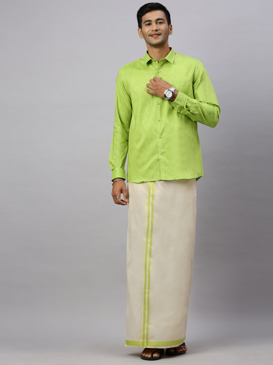 Mens Macho Lite Green Matching Border Dhoti With Full & Half Sleeves Shirt Set CCB