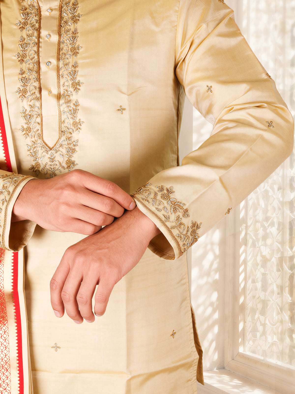 LAGNAA Premium Pure Tussar Silk Hand Embroidered Lotus Motifs Kurta, Panchakacham & Angavastram with Banaras Border| Mangala Varnam