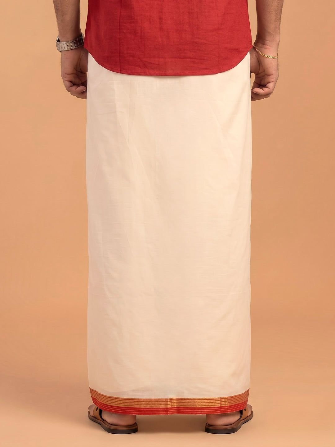 Double Layer 100% Cotton Cream Kora Dhoti with Colour Jari Border - RKF03