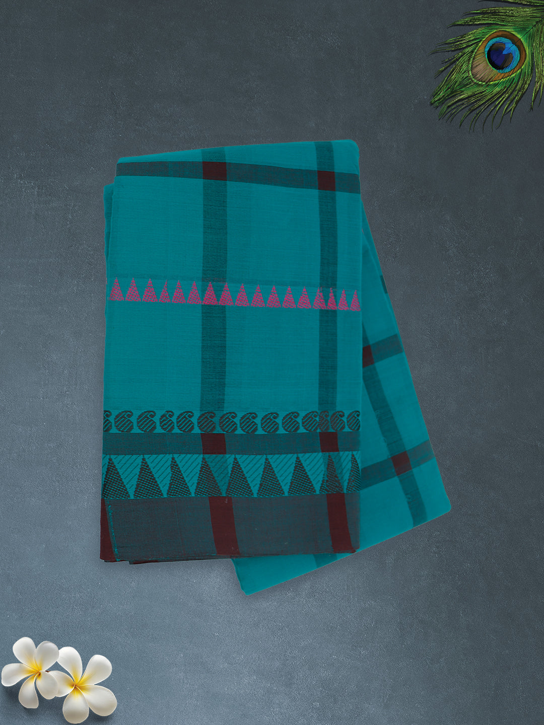 Women Teal Blue Checks Pure Chettinad Cotton Saree PCS224