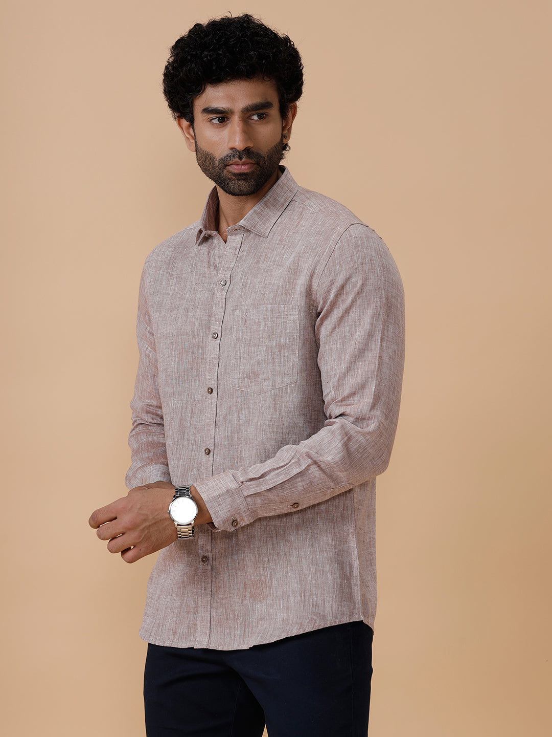 Men Pure Linen Woody Brown Shirt L49