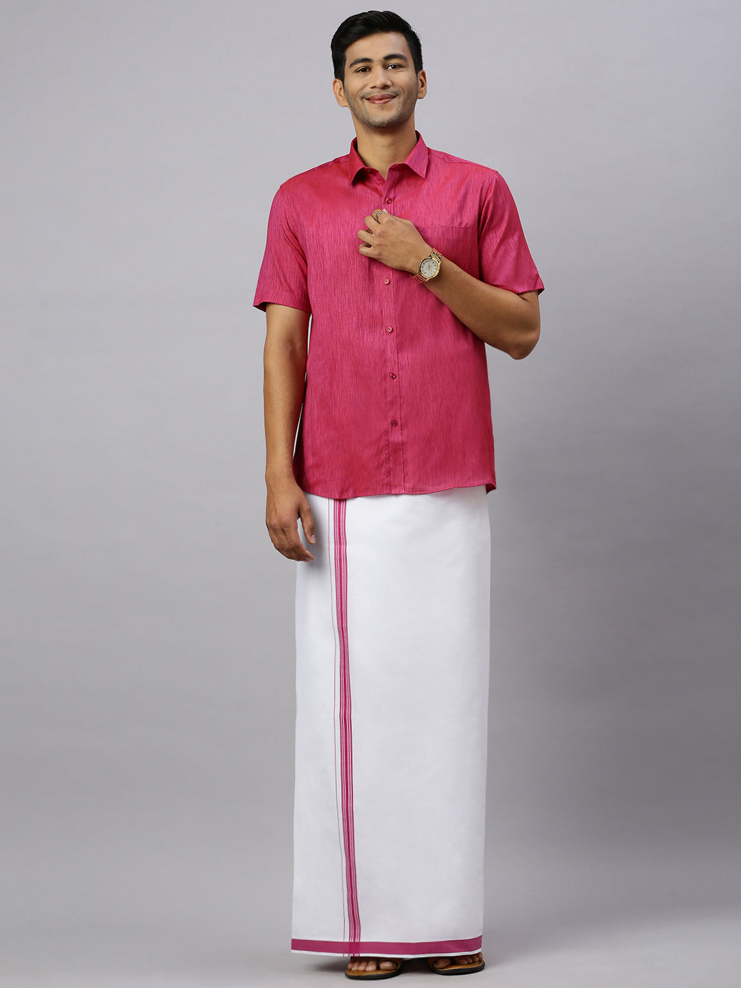 Men Magenta Matching Border Dhoti & Half Sleeves Shirt Set CV2